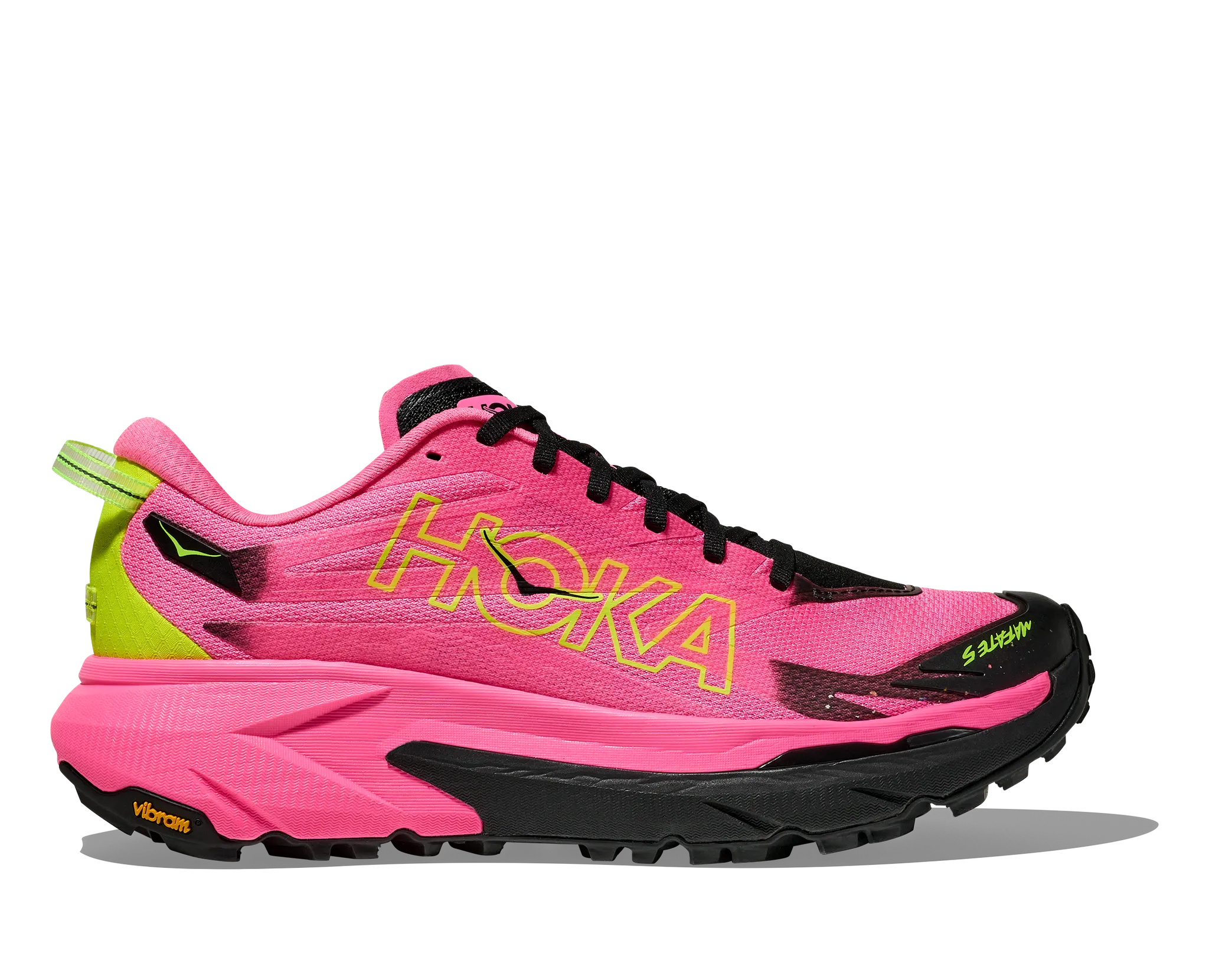 Side view on white background of Womens Hoka Mafate 5 running shoe in Neon Rose/Black, Medium (Regular) width