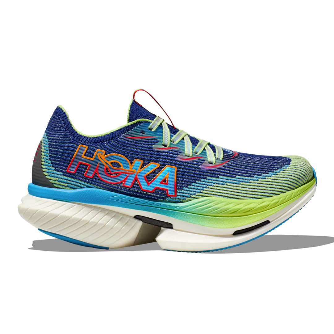 Side view on white background of Mens Hoka Cielo X1 running shoe in Evening Sky/Lettuce, Medium (Regular) width
