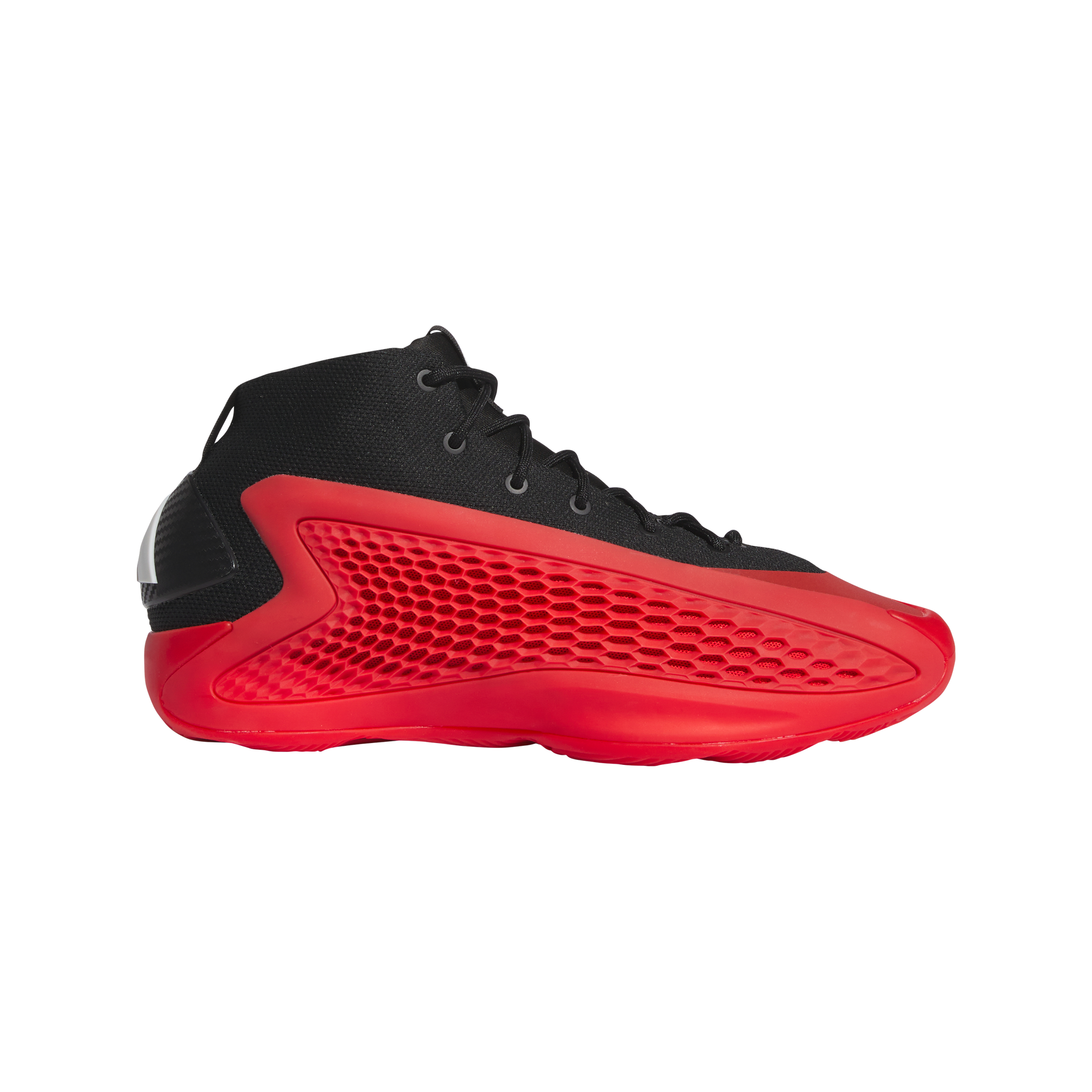 Side view on white background of Mens Adidas Anthony Edwards 1 running shoe in Core Black/Red/Cloud White, Medium (Regular) width