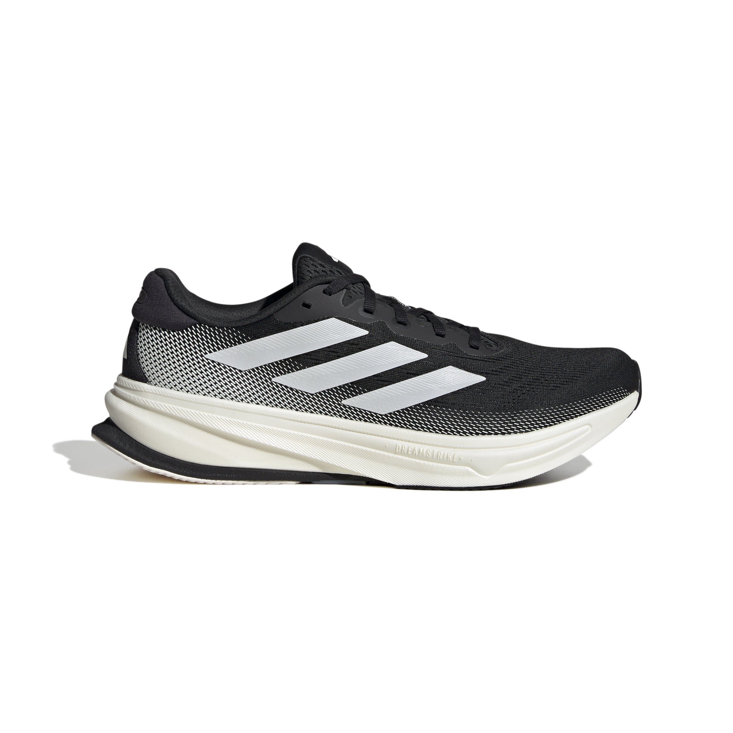 Side view on white background of Mens Adidas Supernova Rise 2 running shoe in Core Black/Zero Metallic/Black, Medium (Regular) width