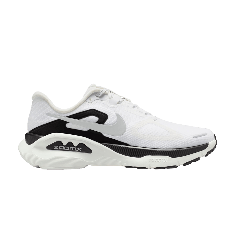 Side view on white background of Mens Nike Structure Plus running shoe in Summit White/Metallic Silver/Black, Medium (Regular) width