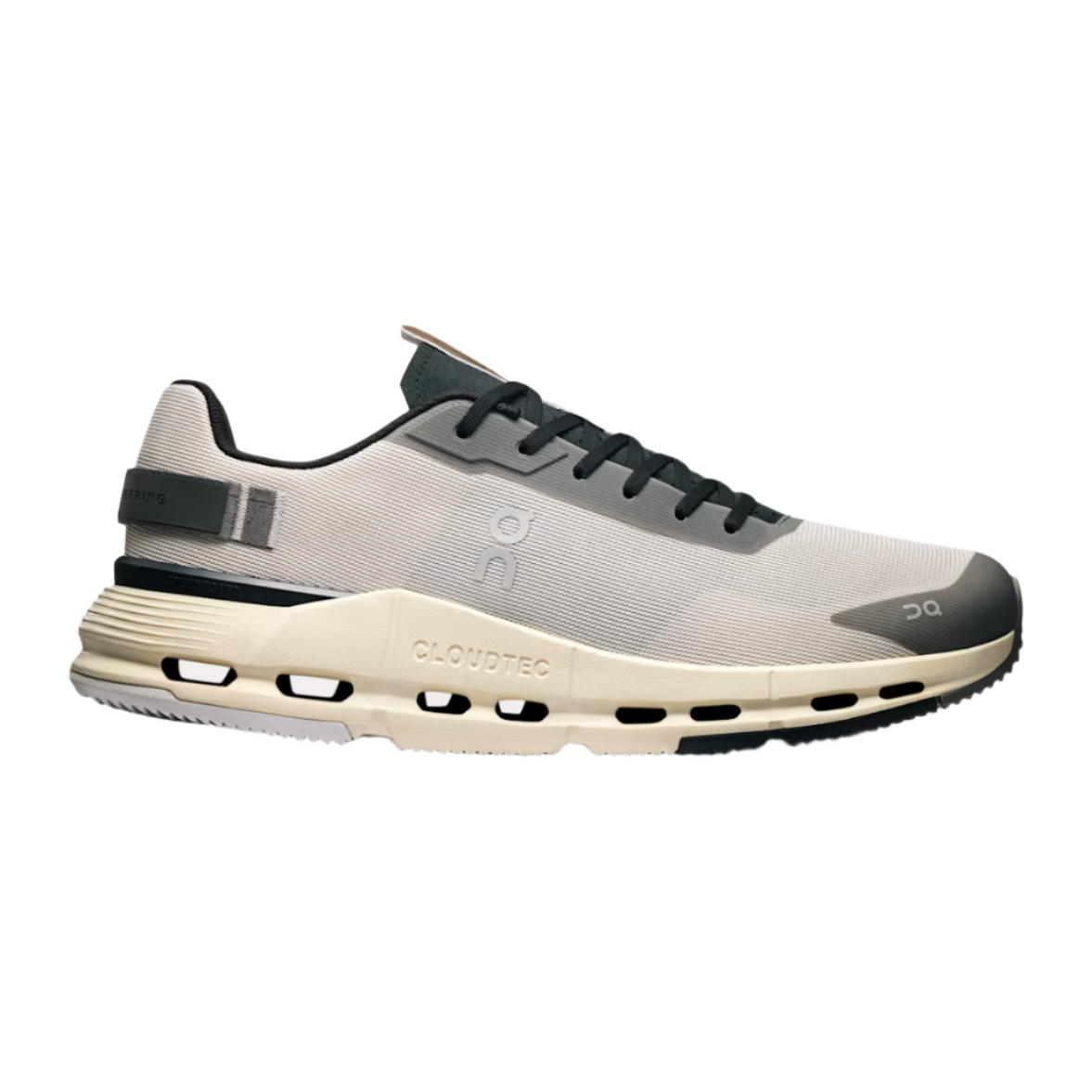 Side view on white background of Mens On Cloudnova Form 2 running shoe in Pearl/Black, Medium (Regular) width