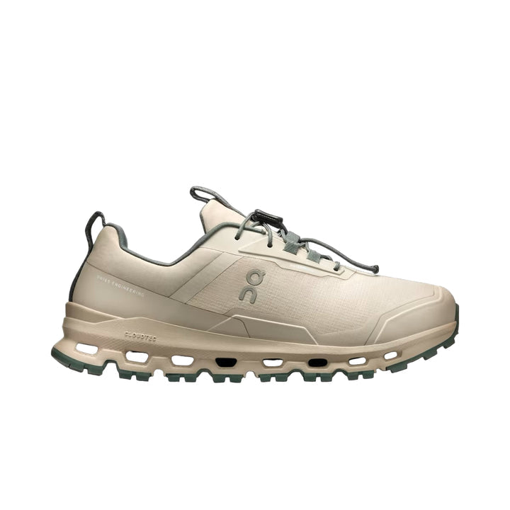 Side view on white background of Youth On Cloudhero Waterproof running shoe in Truffle/Olive, Medium (Regular) width