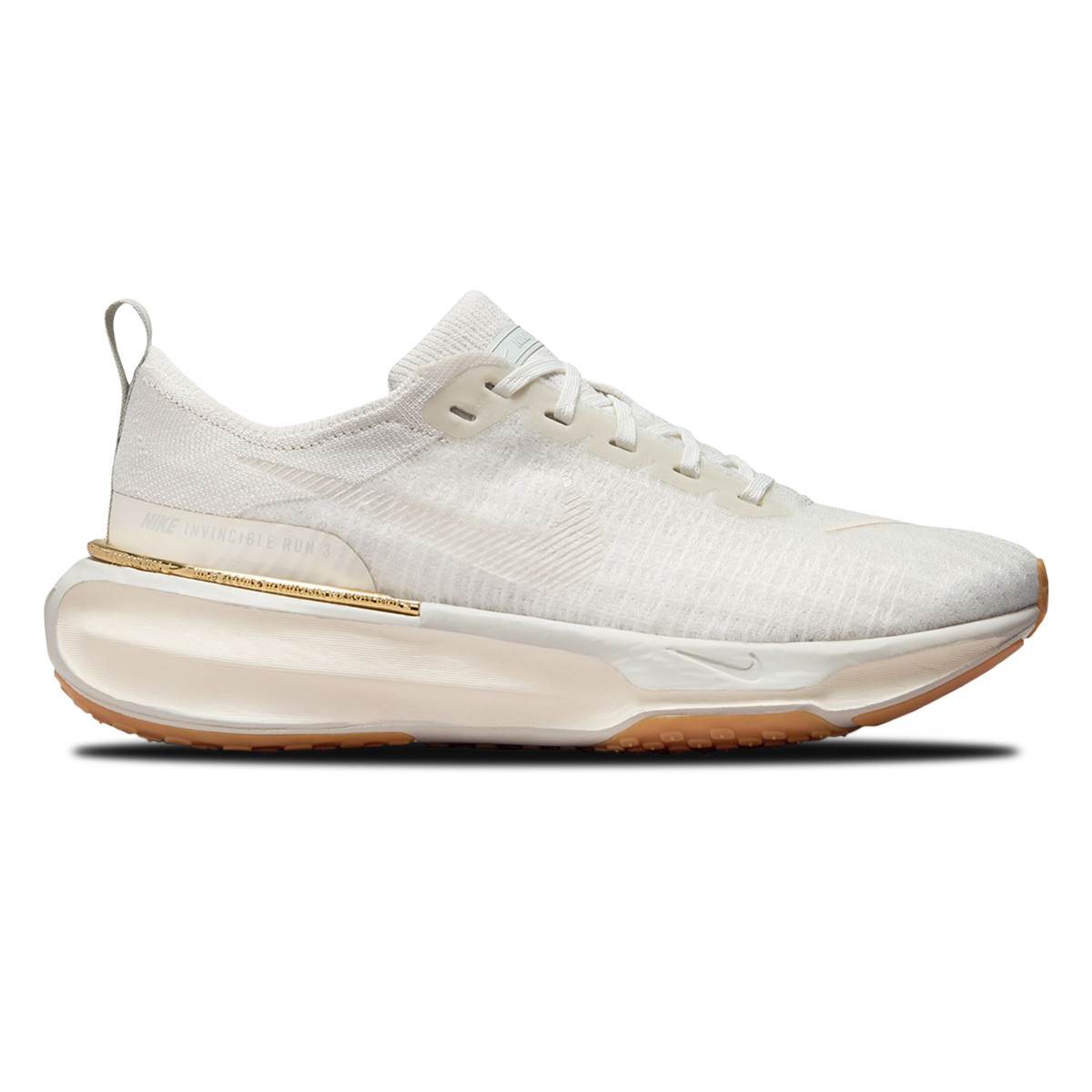 Side view on white background of Womens Nike React Infinity Run Flyknit 3 running shoe in Light Bone/Pale Ivory-Sail, Medium (Regular) width