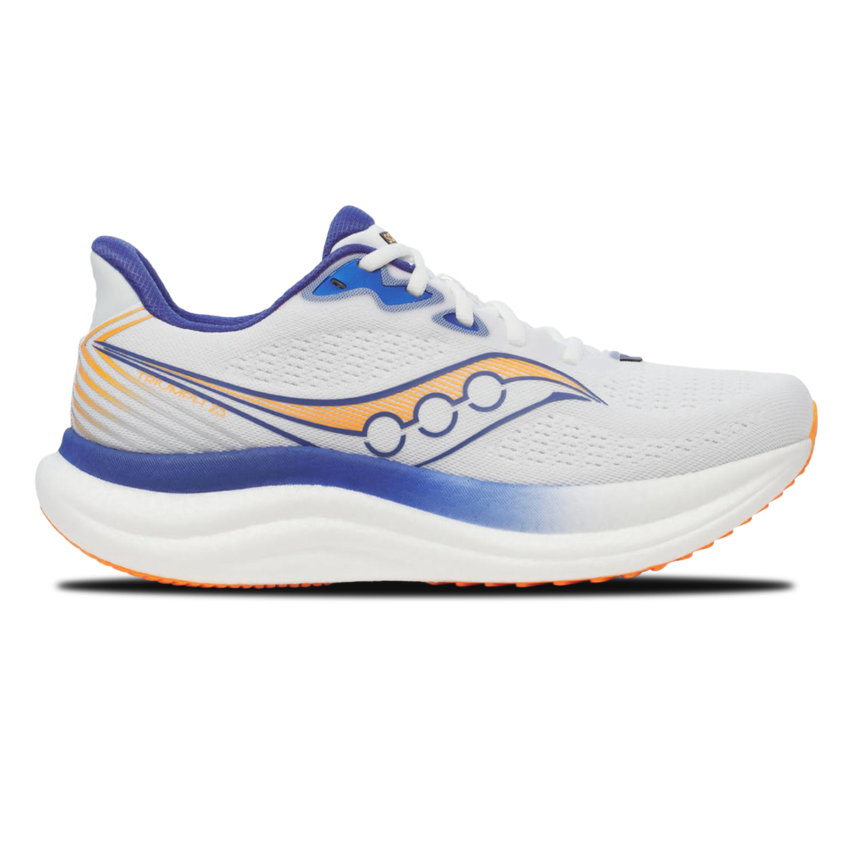 Side view on white background of Mens Saucony Triumph 23 running shoe in White/Azurite, Medium (Regular) width