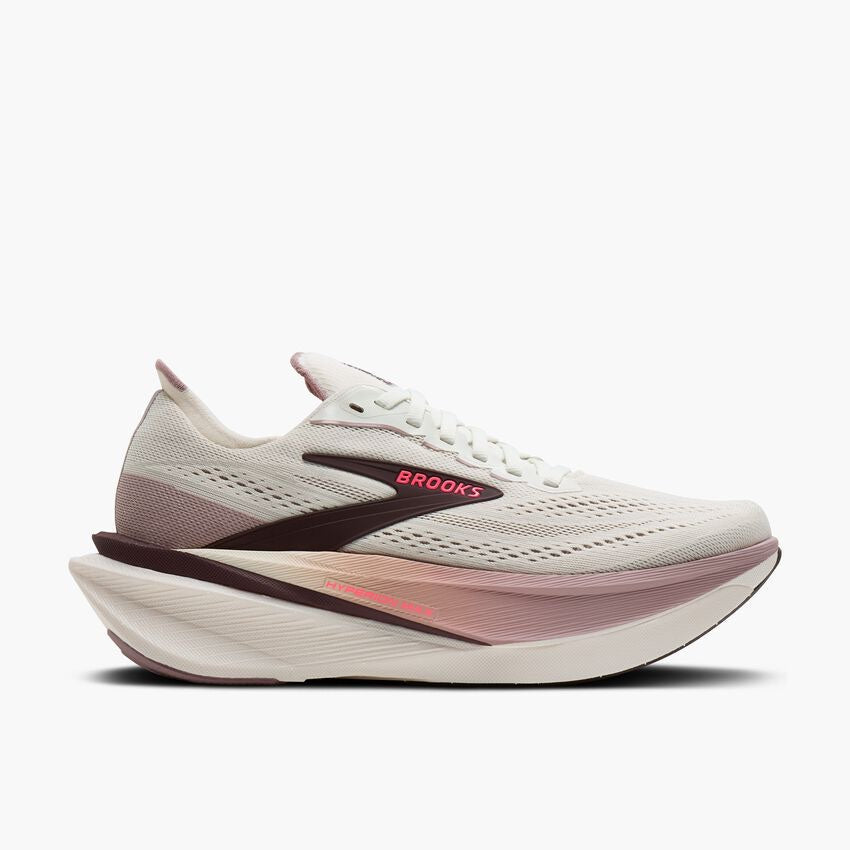 Side view on white background of Womens Brooks Hyperion Max 4 running shoe in Coconut/Raisin/Pink, Medium (Regular) width