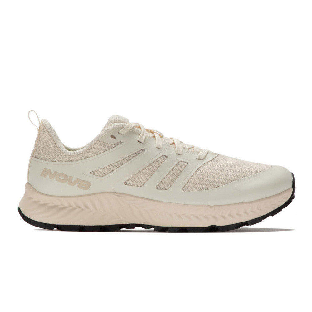Side view on white background of Mens Inov8 TrailFly running shoe in Ivory, Medium (Regular) width