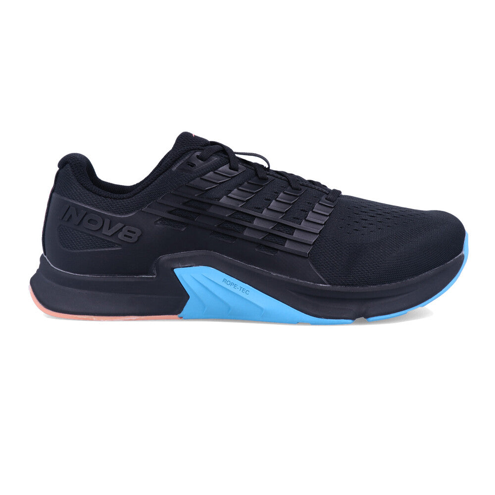 Side view on white background of Womens Inov8 F-Lite running shoe in Black/Coral/Blue, Wide width