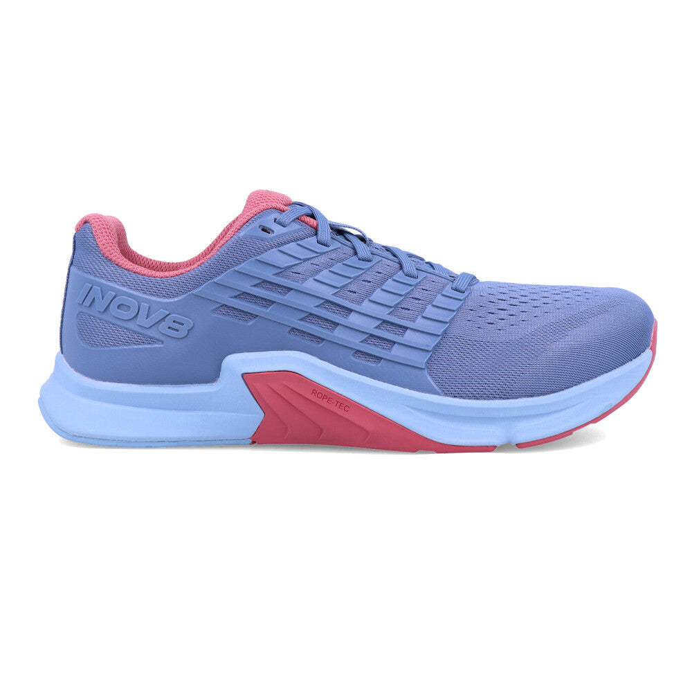 Side view on white background of Womens Inov8 F-Lite running shoe in Slate/Dusty Rose, Wide width
