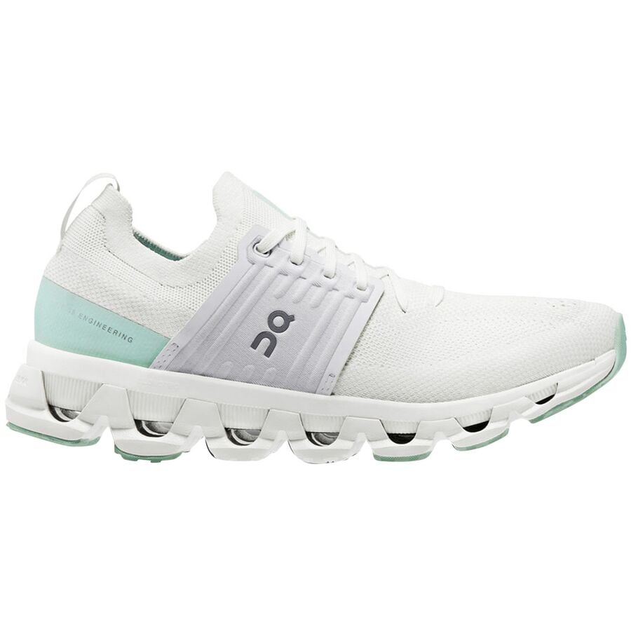 Side view on white background of Womens On Cloudswift 3 running shoe in Ivory/Creek, Medium (Regular) width
