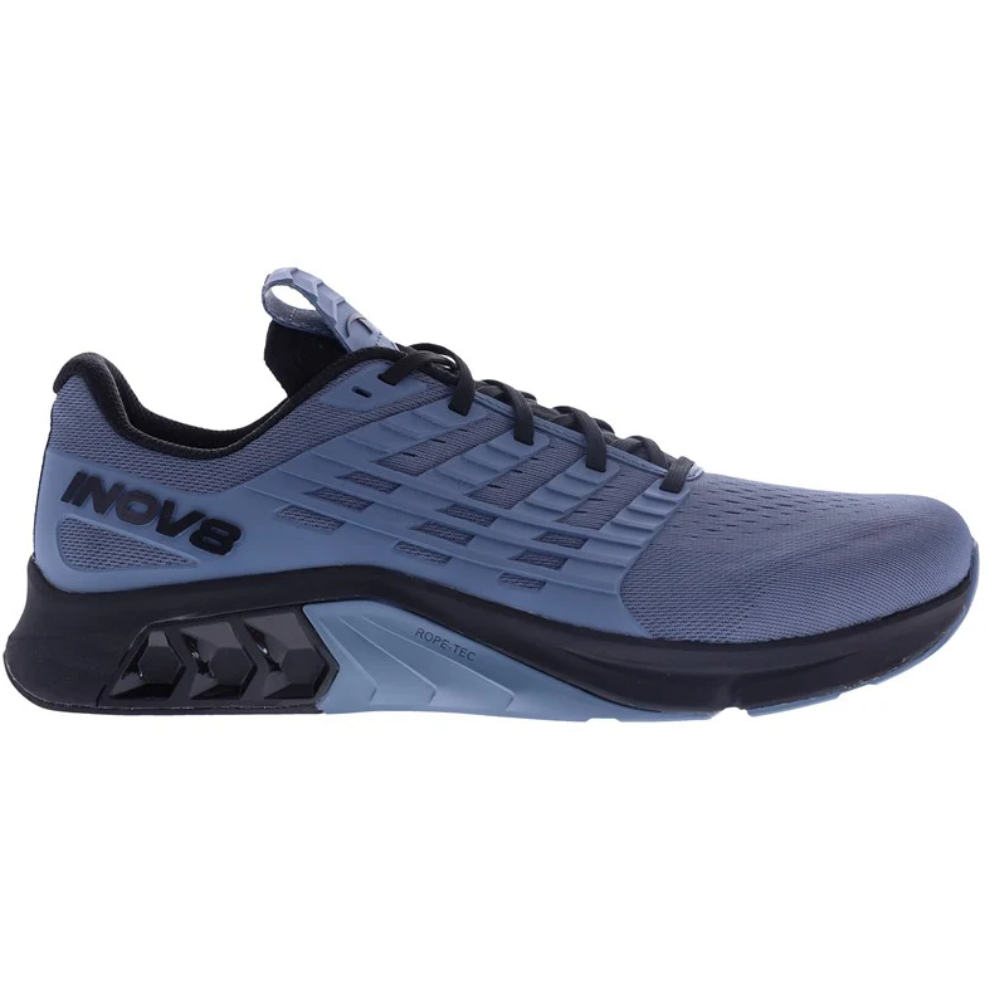 Side view on white background of Mens Inov8 F-Lite Max running shoe in Slate/Black, Wide width