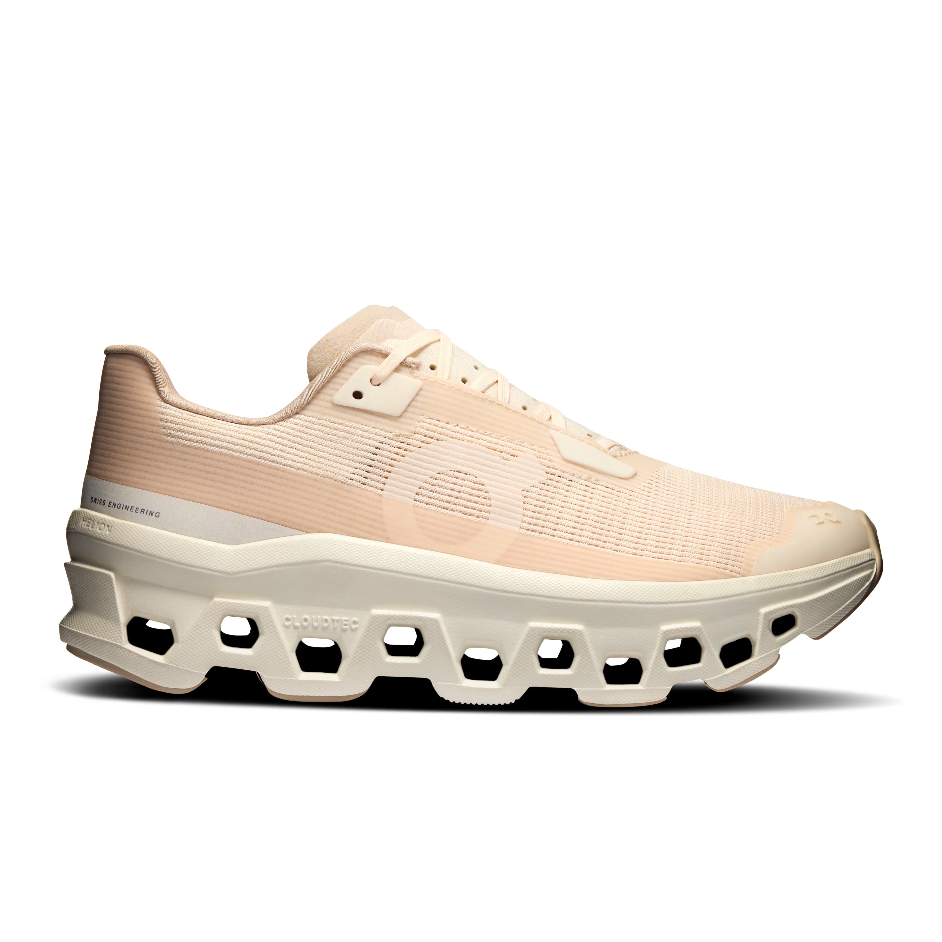 Side view on white background of Womens On Cloudmonster Void running shoe in Dew/Ivory, Medium (Regular) width