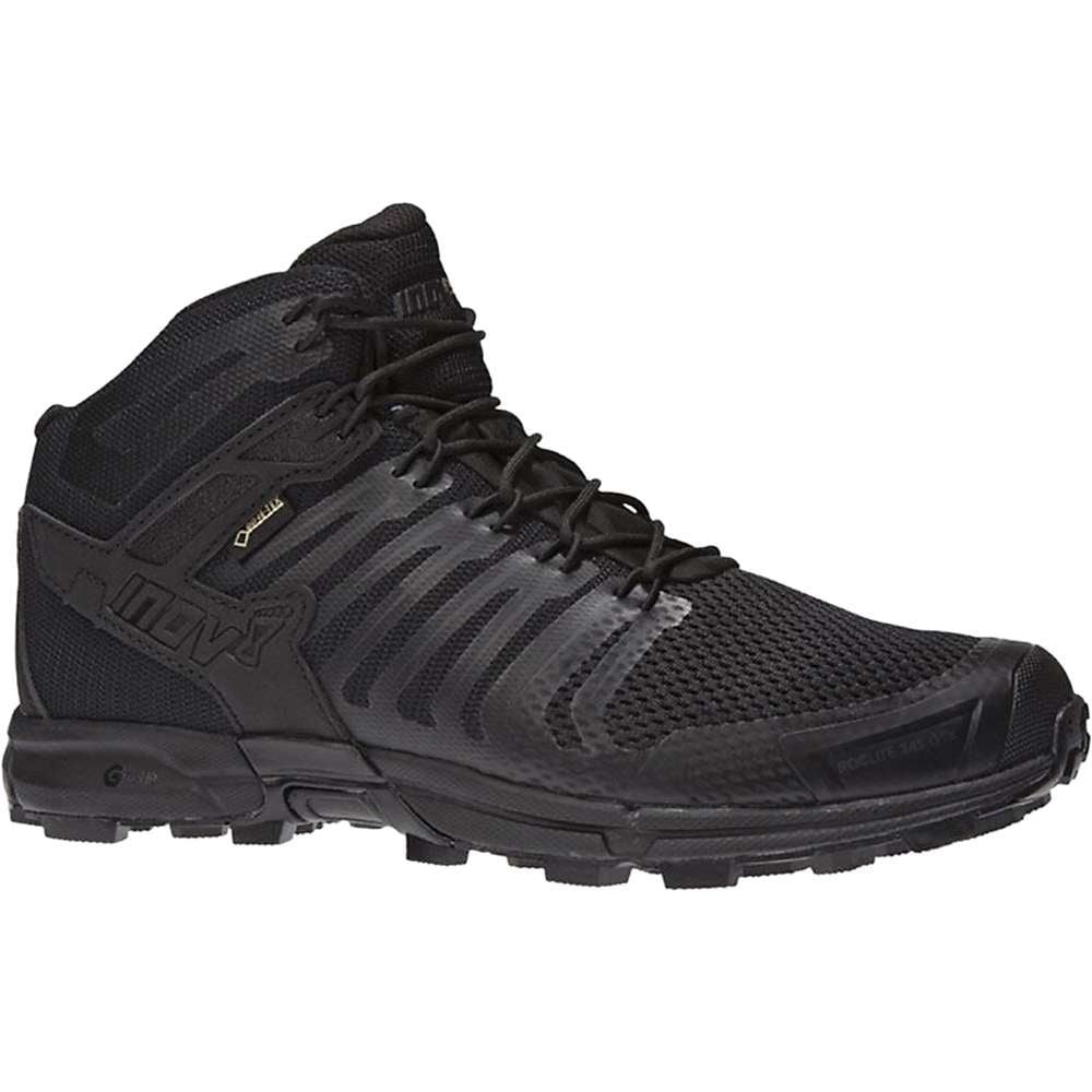 Side view on white background of Mens Inov8 Roclite G 345 GTX running shoe in Black, Medium (Regular) width