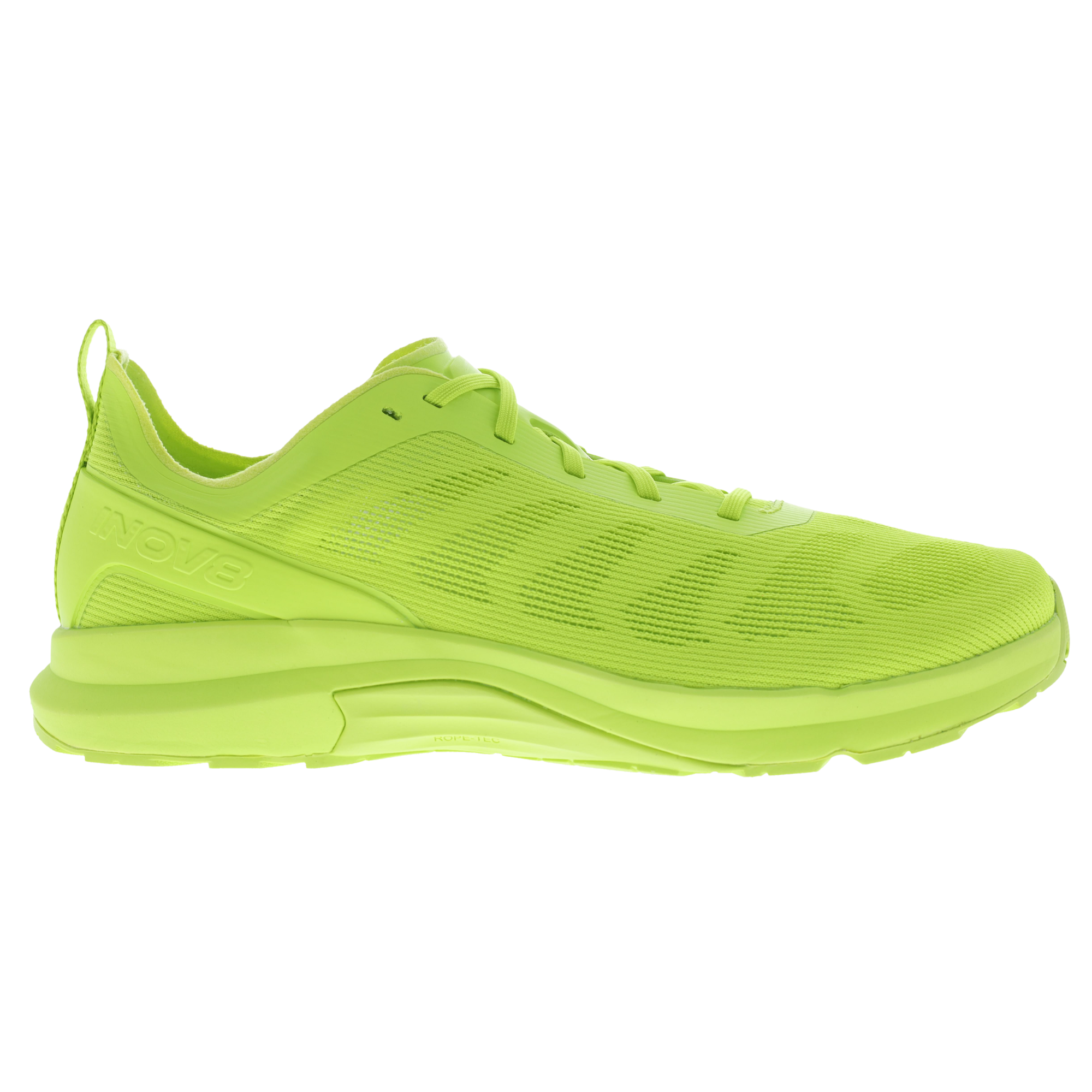 Side view on white background of Mens Inov8 F-Fly Max running shoe in Green, Medium (Regular) width
