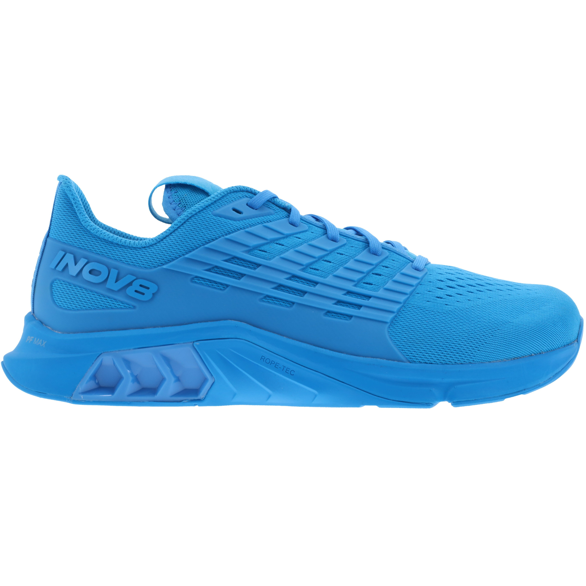 Side view on white background of Mens Inov8 F-Lite running shoe in Blue, Wide width