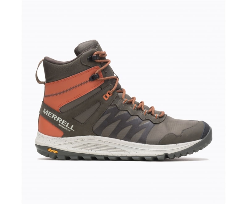 Side view on white background of Mens Merrell Nova Sneaker Boot WP running shoe in Olive, Medium (Regular) width