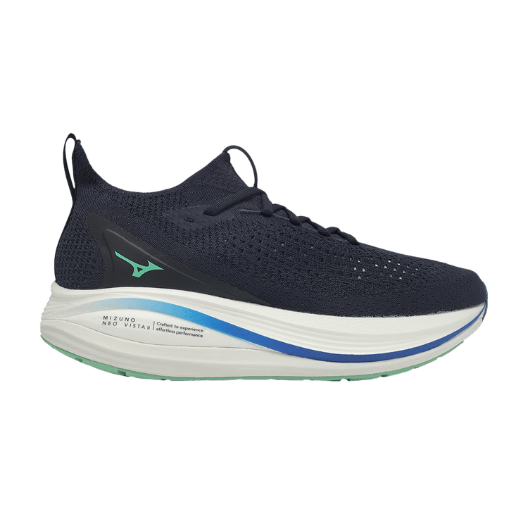 Side view on white background of Mens Mizuno Neo Vista 2 running shoe in Baritone Blue/Frozen Emerald, Medium (Regular) width