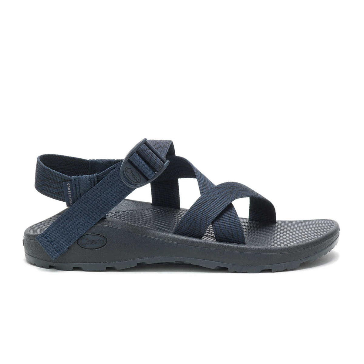 Side view on white background of Mens Chaco Zcloud Sandal running shoe in Serpent Navy, Medium (Regular) width