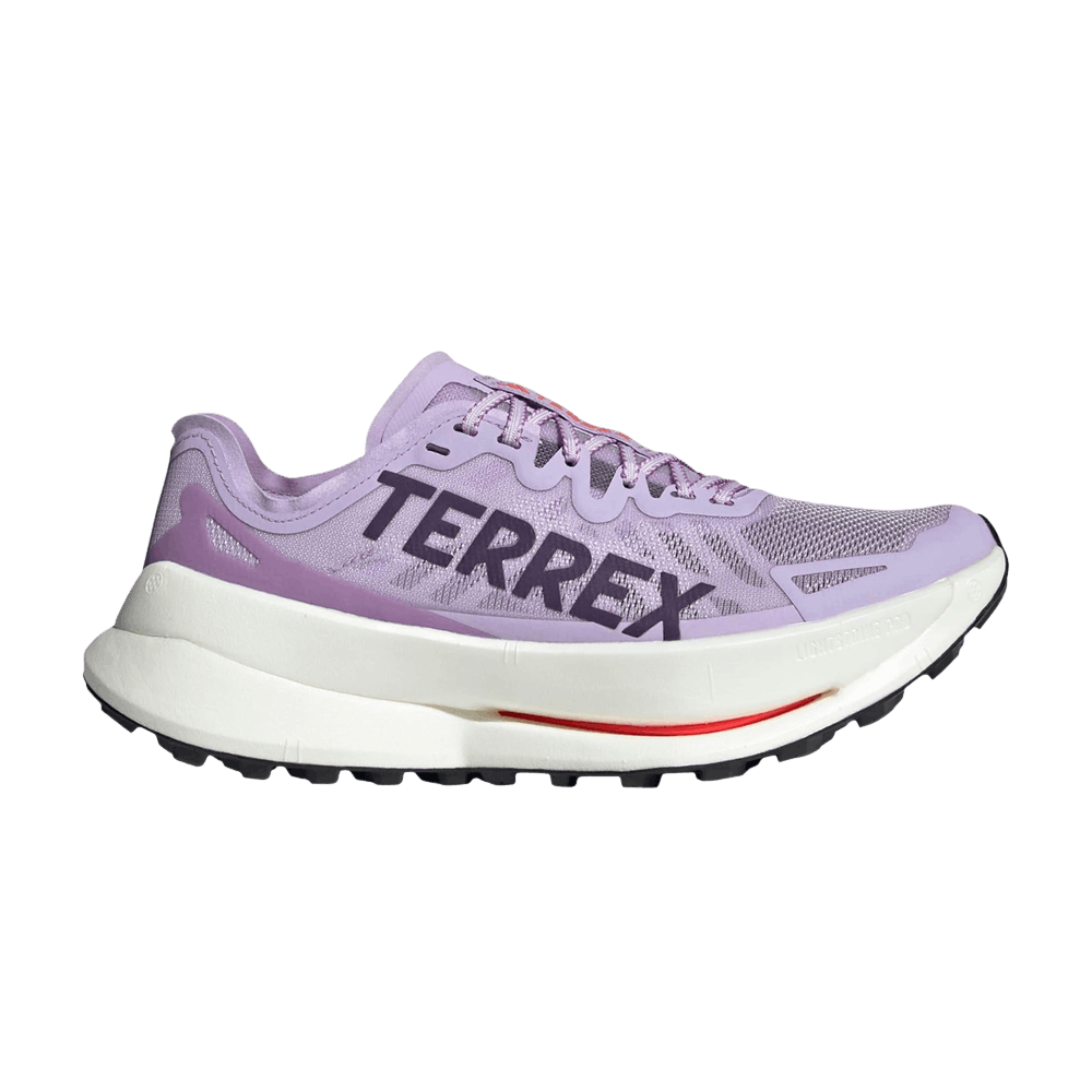 Side view on white background of Womens Adidas Terrex Agravic Speed Ultra running shoe in Powder Plum/Aurora Plum/Lucid Red, Medium (Regular) width