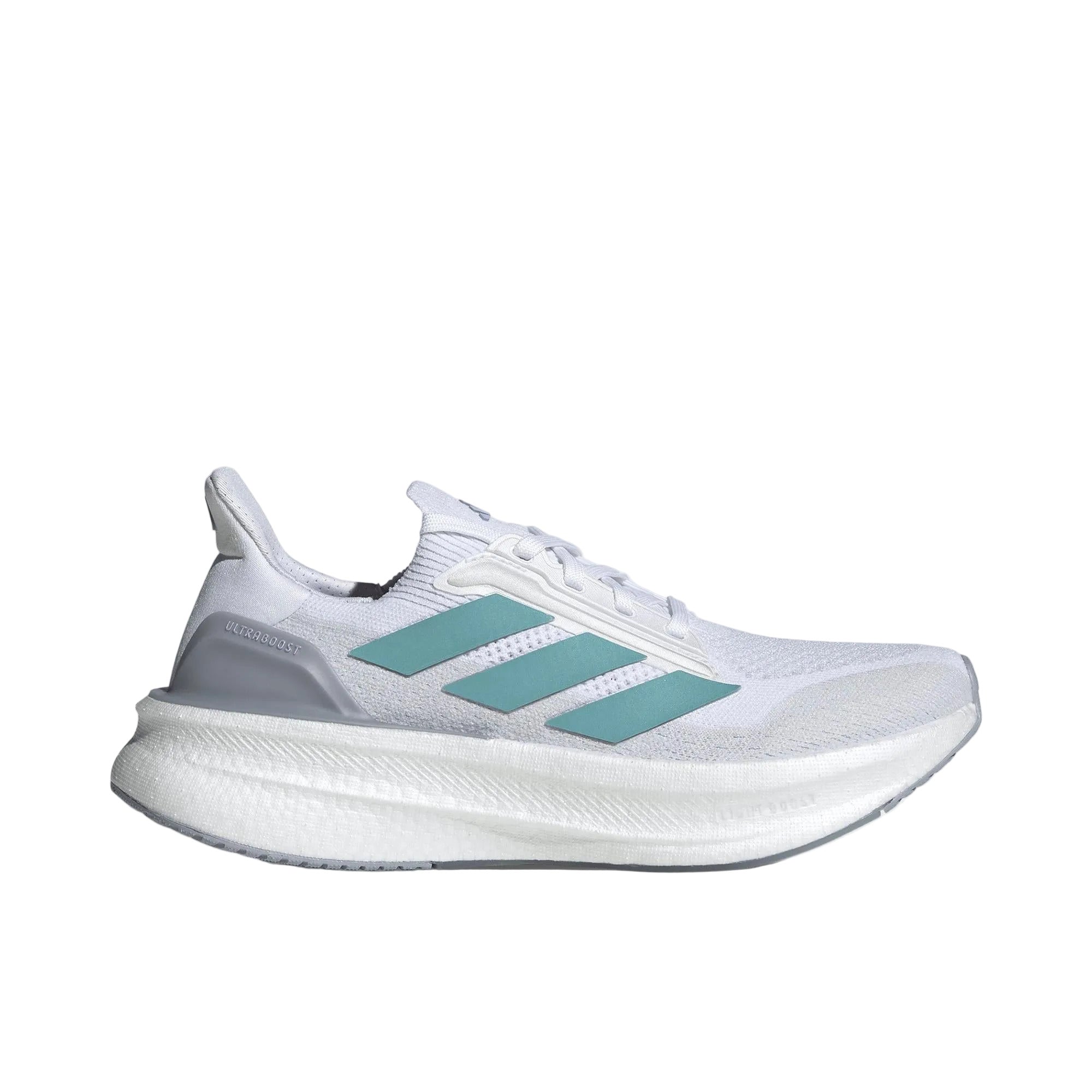 Side view on white background of Womens Adidas Ultraboost 5X running shoe in Ftwr White/Mint Ton/Glow Purple, Medium (Regular) width
