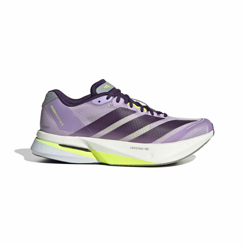 Side view on white background of Womens Adidas Adizero Boston 13 running shoe in Powder Plum/Aurora Plum/Preloved Violet, Medium (Regular) width