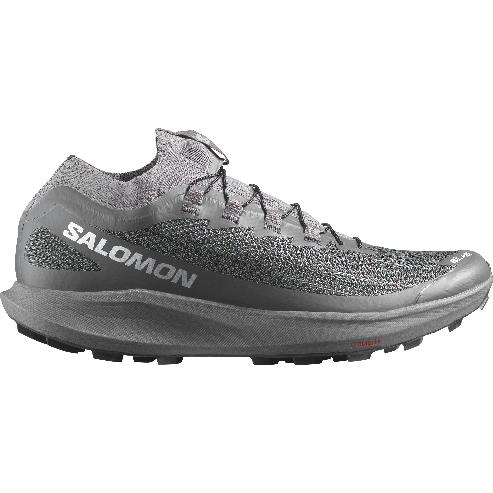 Side view on white background of Mens Salomon S/Lab Pulsar 2 SG running shoe in Quiet Shade/Magnet/Black, Medium (Regular) width