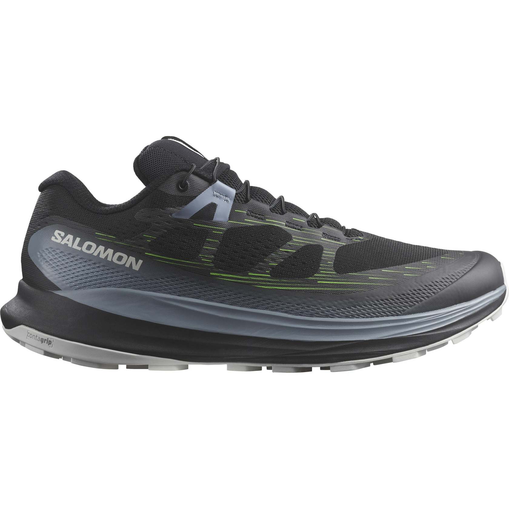 Side view on white background of Mens Salomon Ultra Glide 2 running shoe in Black/Flint Stone/Green Gecko, Medium (Regular) width