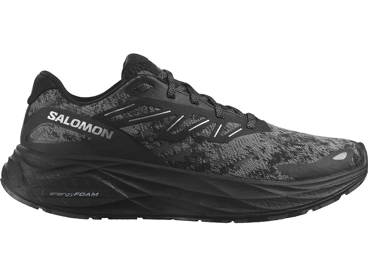 Side view on white background of Mens Salomon Aero Glide 2 running shoe in Black/Phantom/Ghost Gray, Medium (Regular) width
