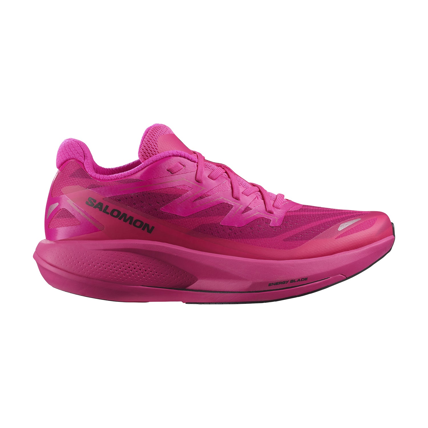 Side view on white background of Womens Salomon Phantasm 2 running shoe in Pink Glo/Vivacious/Black, Medium (Regular) width