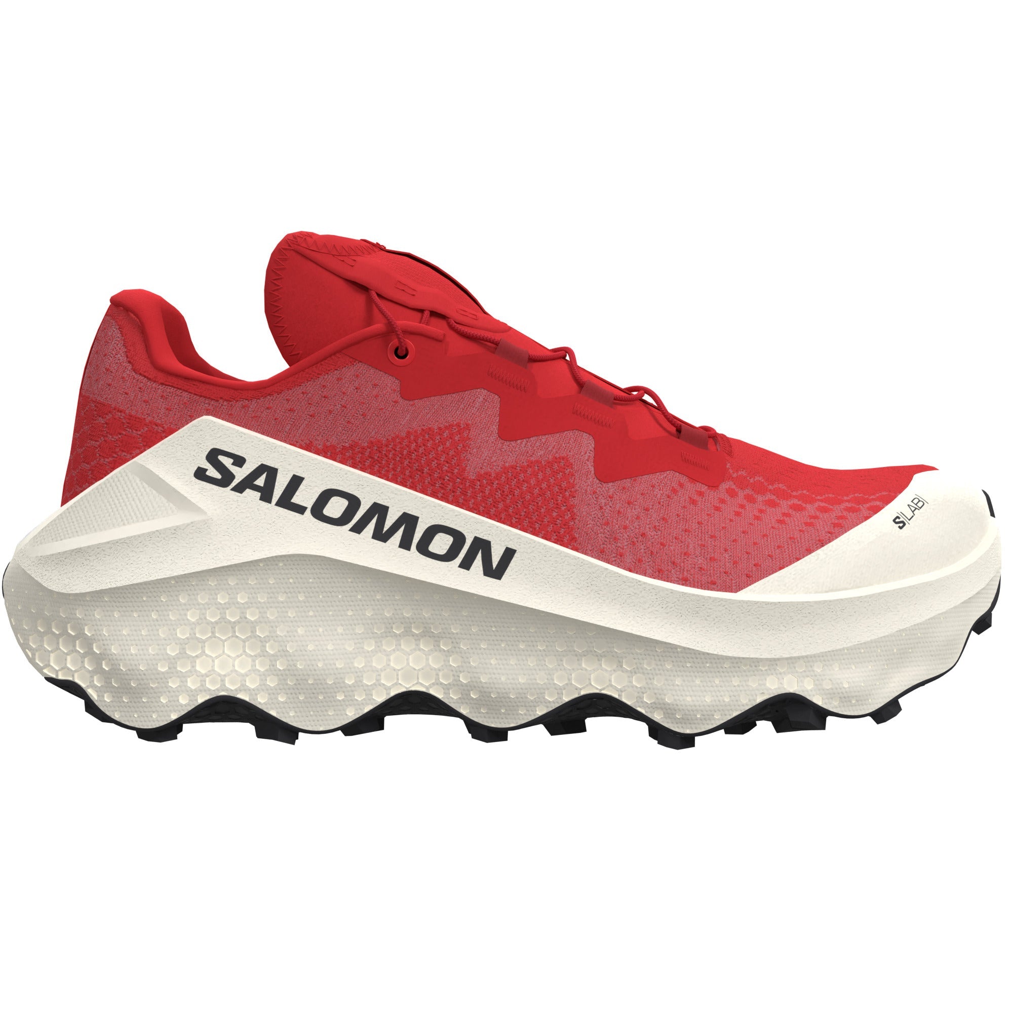 Side view on white background of Womens Salomon S/Lab Ultra Glide running shoe in Fiery Red/Pompeian Red/Vanilla Ice, Medium (Regular) width