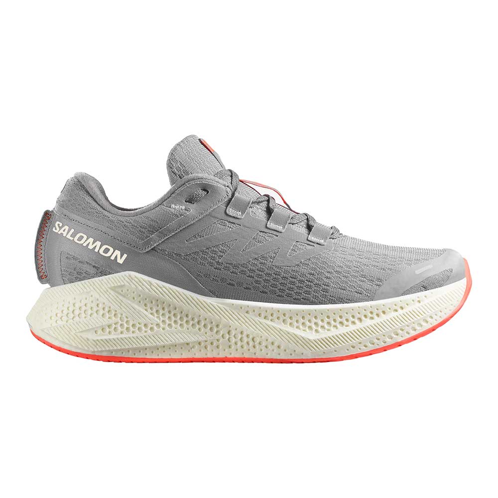 Side view on white background of Mens Salomon Aero Glide 3 running shoe in Alloy/Vanilla Ice/Neon Flame, Medium (Regular) width