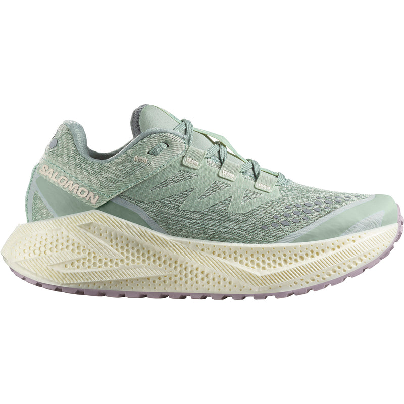 Side view on white background of Womens Salomon Aero Glide 3 GRVL running shoe in Sea Foam/Vanilla Ice/Nirvana, Medium (Regular) width