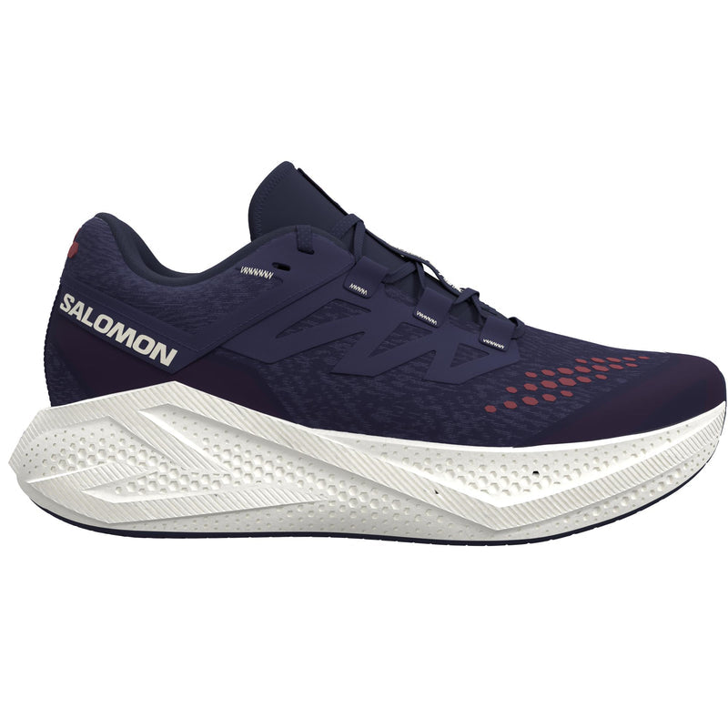 Side view on white background of Womens Salomon Aero Glide 3 GRVL running shoe in Astral Aura/Vanilla Ice/Haute Red, Medium (Regular) width