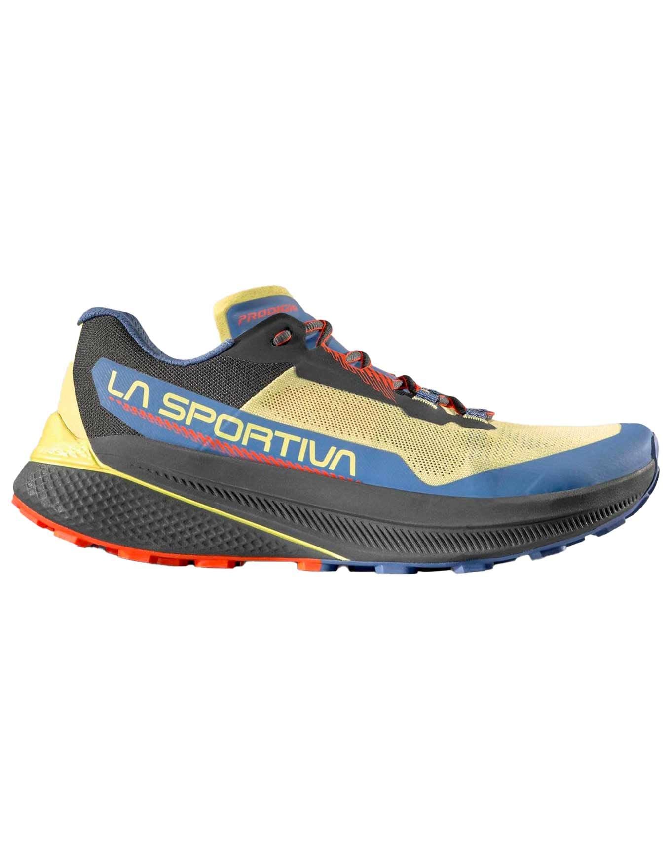 Side view on white background of Womens La Sportiva Prodigio running shoe in Zest/Moonlight, Medium (Regular) width