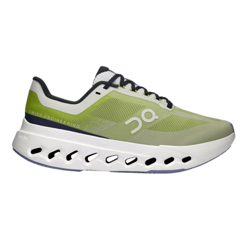 Side view on white background of Womens On Cloudsurfer Next running shoe in Kiwi/Ivory, Medium (Regular) width