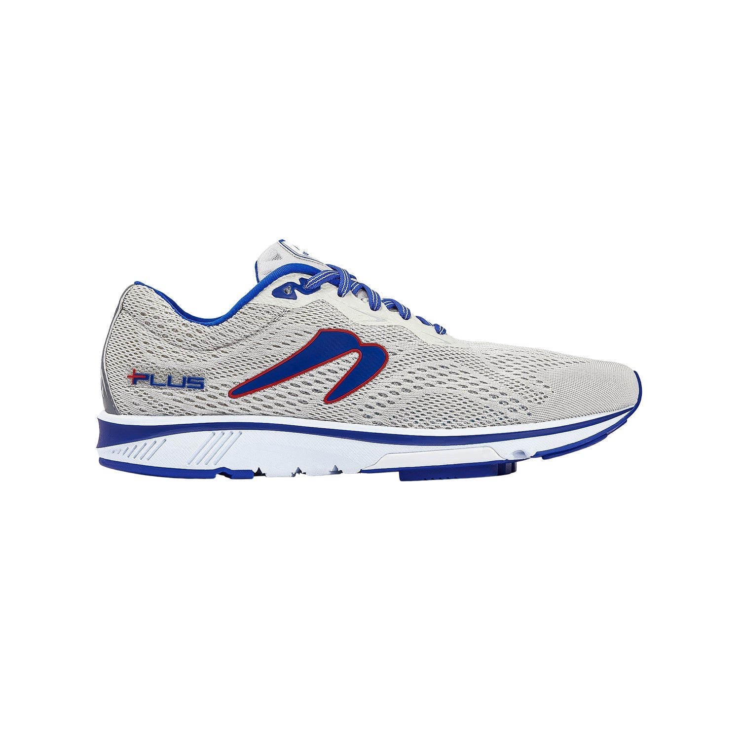 Side view on white background of Mens Newton Running Motion+ running shoe in Grey/Royal, Medium (Regular) width