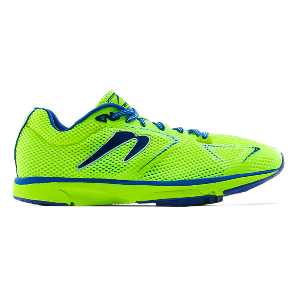 Side view on white background of Mens Newton Running Distance 11 running shoe in Acid Green/Blue, Medium (Regular) width