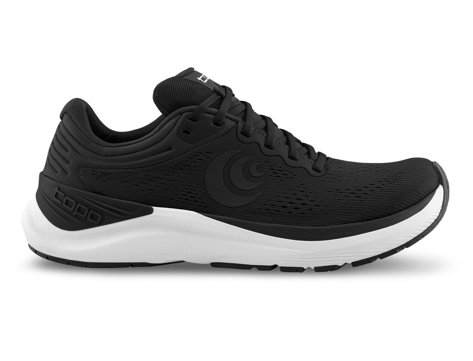 Side view on white background of Womens Topo Athletic Ultrafly 5 running shoe in Black/White, Medium (Regular) width