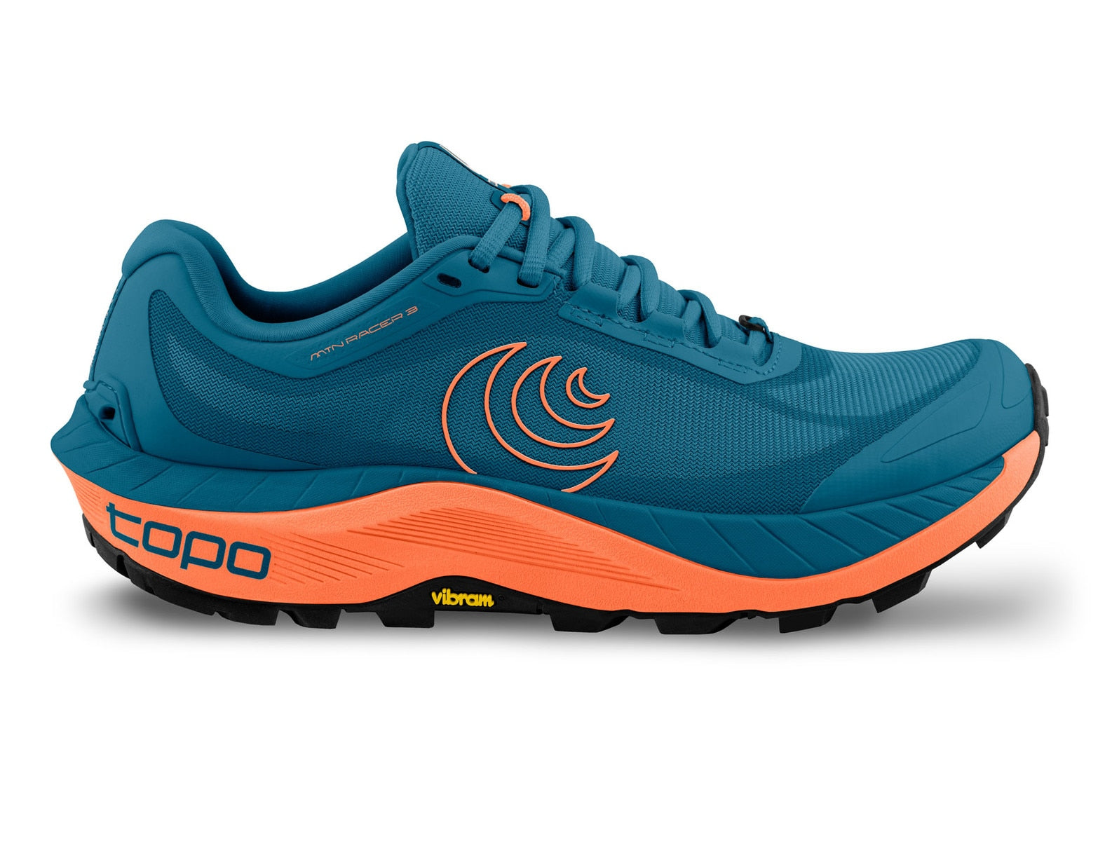 Side view on white background of Mens Topo Athletic MTN Racer 3 running shoe in Blue/Orange, Medium (Regular) width
