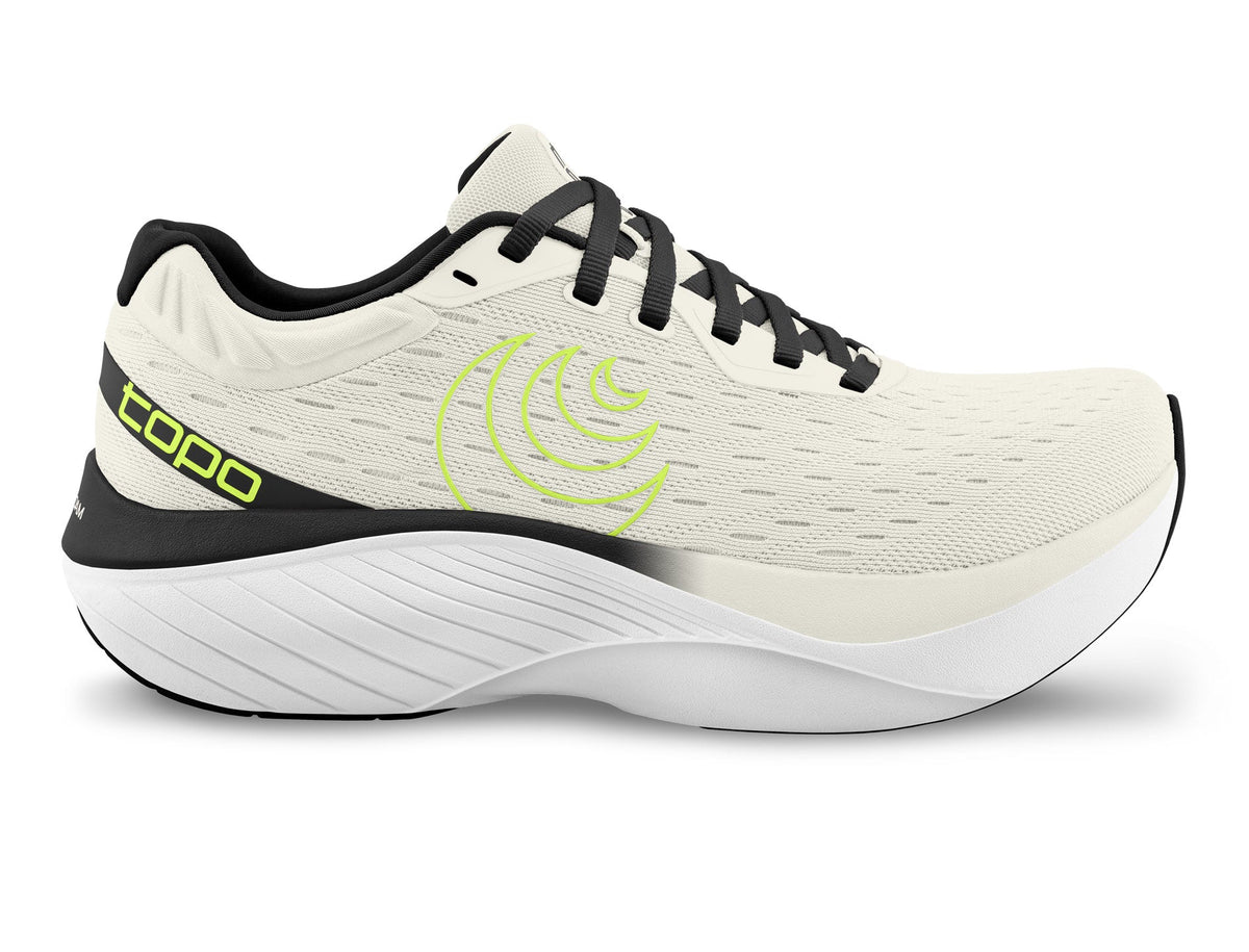 Side view on white background of Mens Topo Athletic Atmos running shoe in Bone/Black, Medium (Regular) width