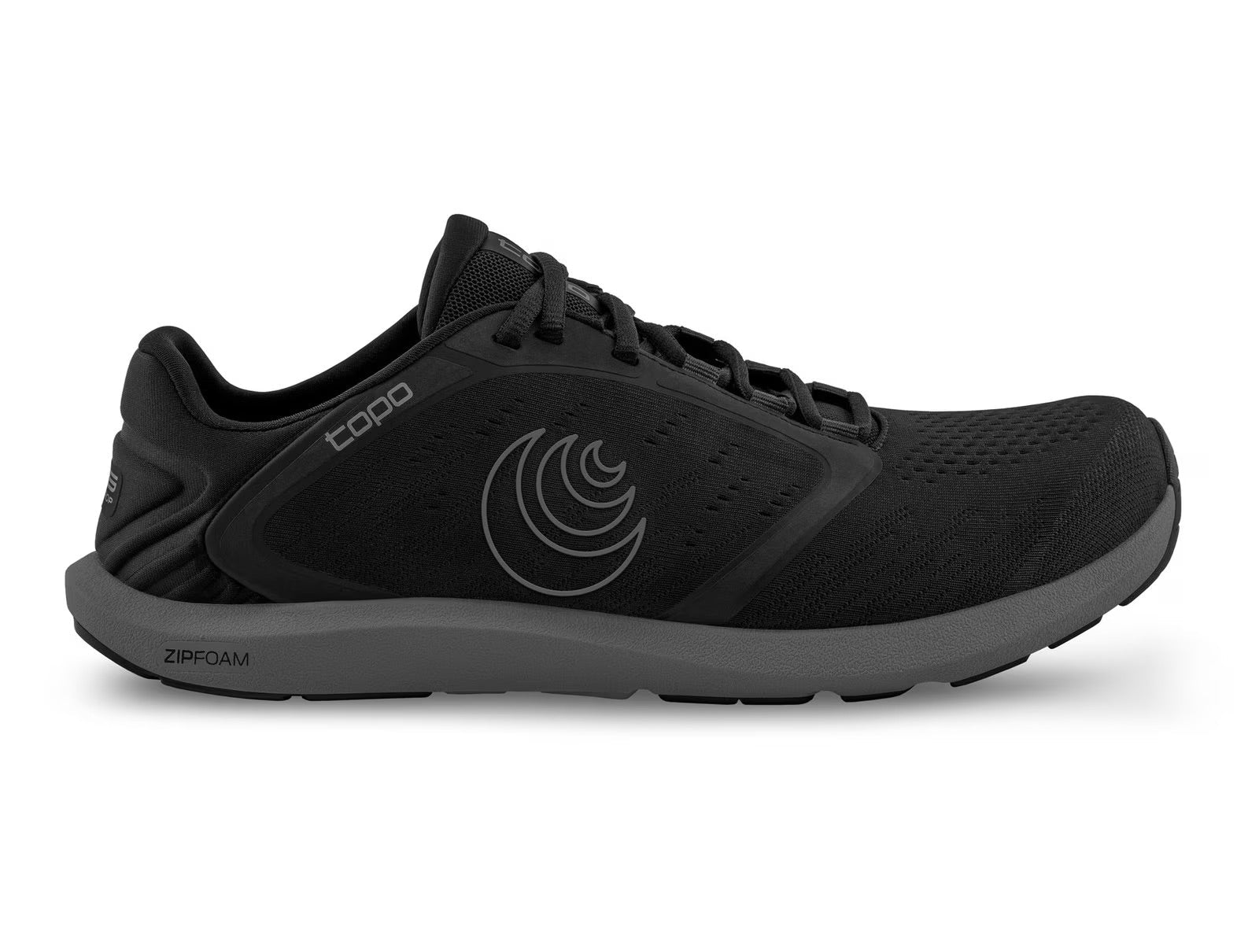 Side view on white background of Mens Topo Athletic ST-5 running shoe in Black/Charcoal, Medium (Regular) width
