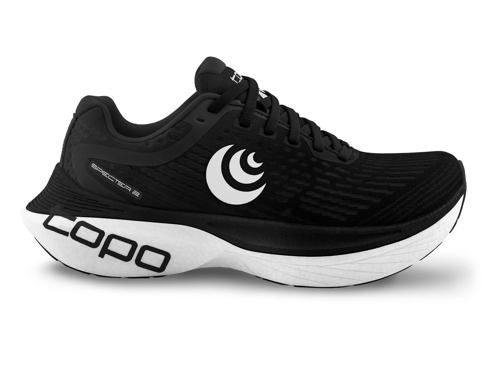 Side view on white background of Mens Topo Athletic Specter 2 running shoe in Black/White, Medium (Regular) width