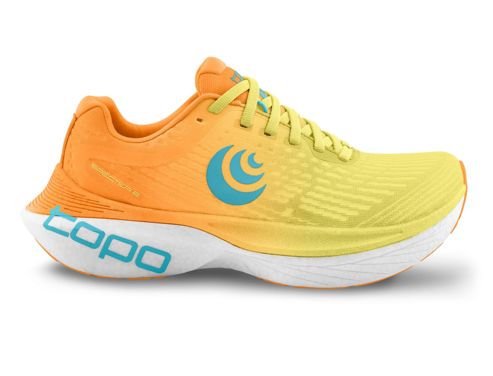 Side view on white background of Mens Topo Athletic Specter 2 running shoe in Orange/Blue, Medium (Regular) width
