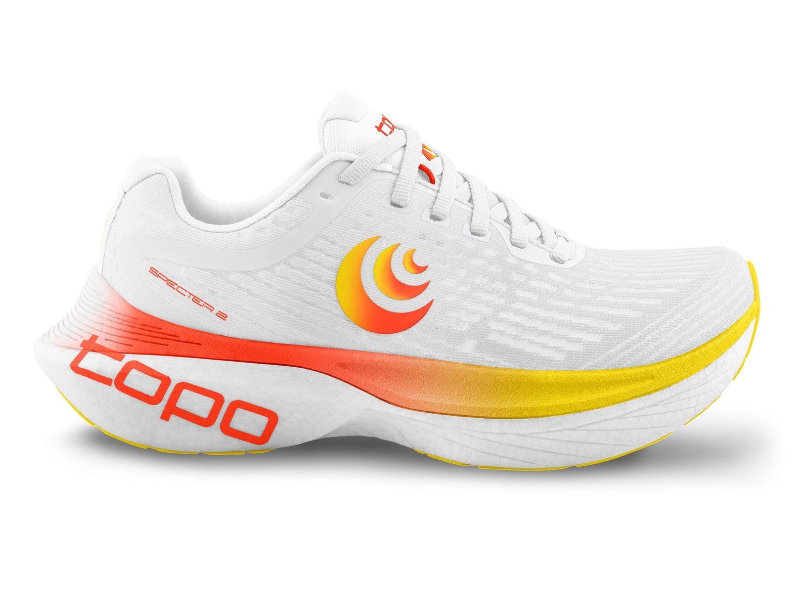 Side view on white background of Womens Topo Athletic Specter 2 running shoe in White/Sunset, Medium (Regular) width