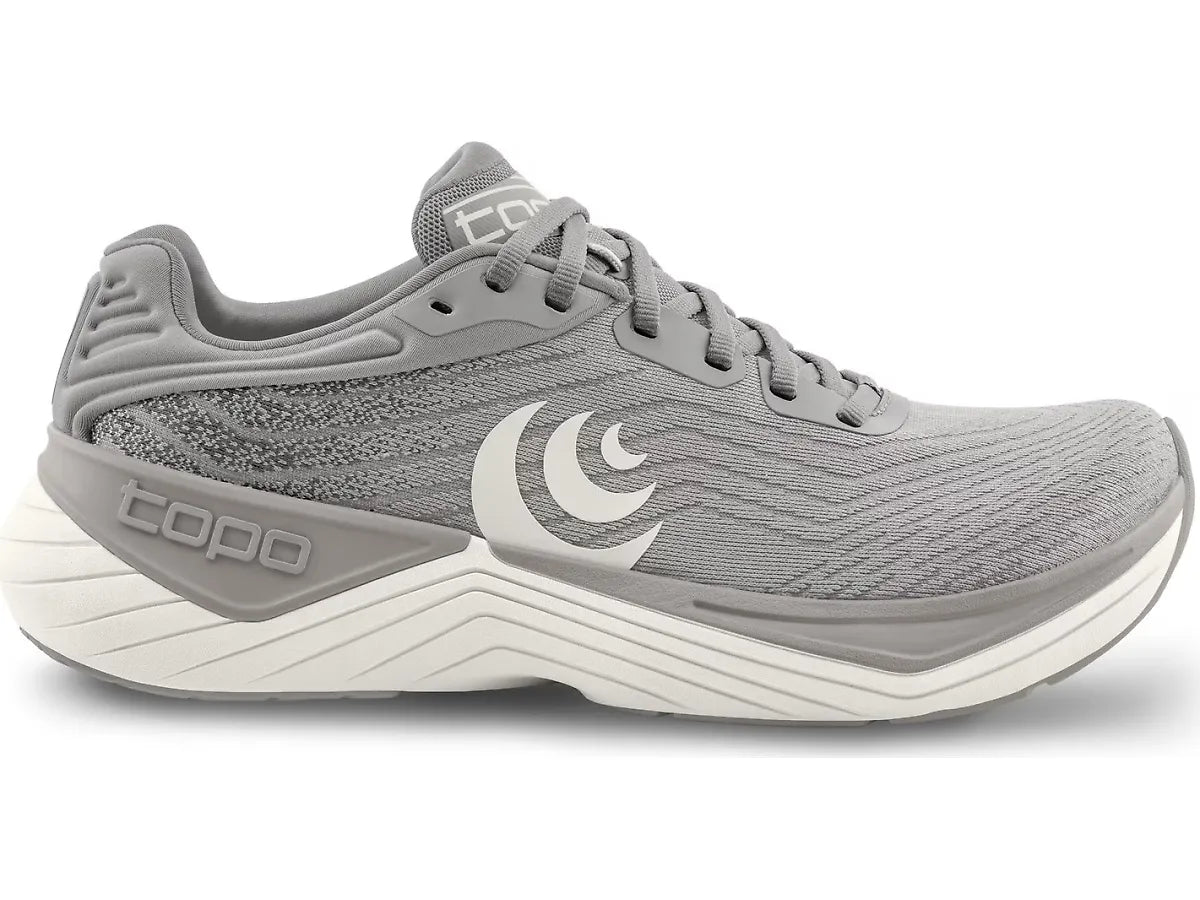 Side view on white background of Mens Topo Athletic Ultrafly 5 running shoe in Dark Grey/Grey, Medium (Regular) width