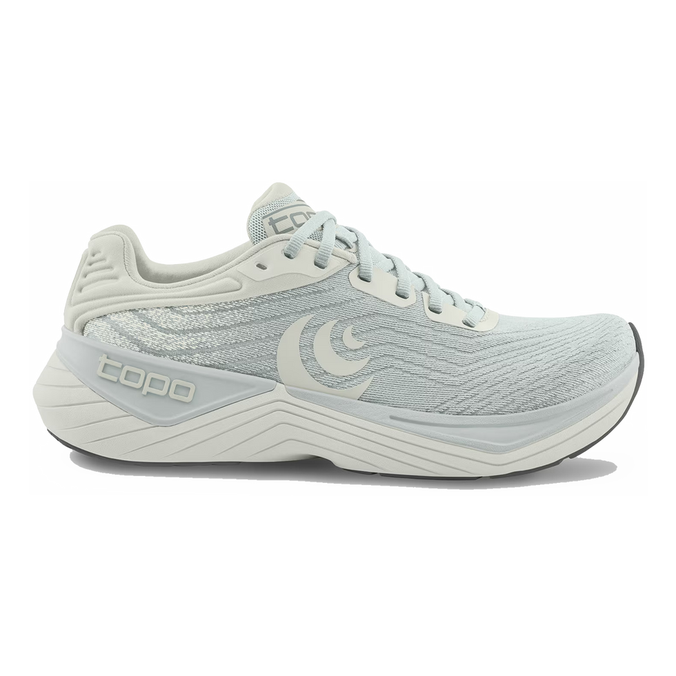 Side view on white background of Mens Topo Athletic Ultrafly 5 running shoe in Grey/Grey, Medium (Regular) width