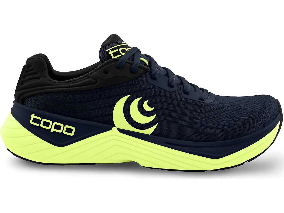 Side view on white background of Mens Topo Athletic Ultrafly 5 running shoe in Navy/Lime, Medium (Regular) width