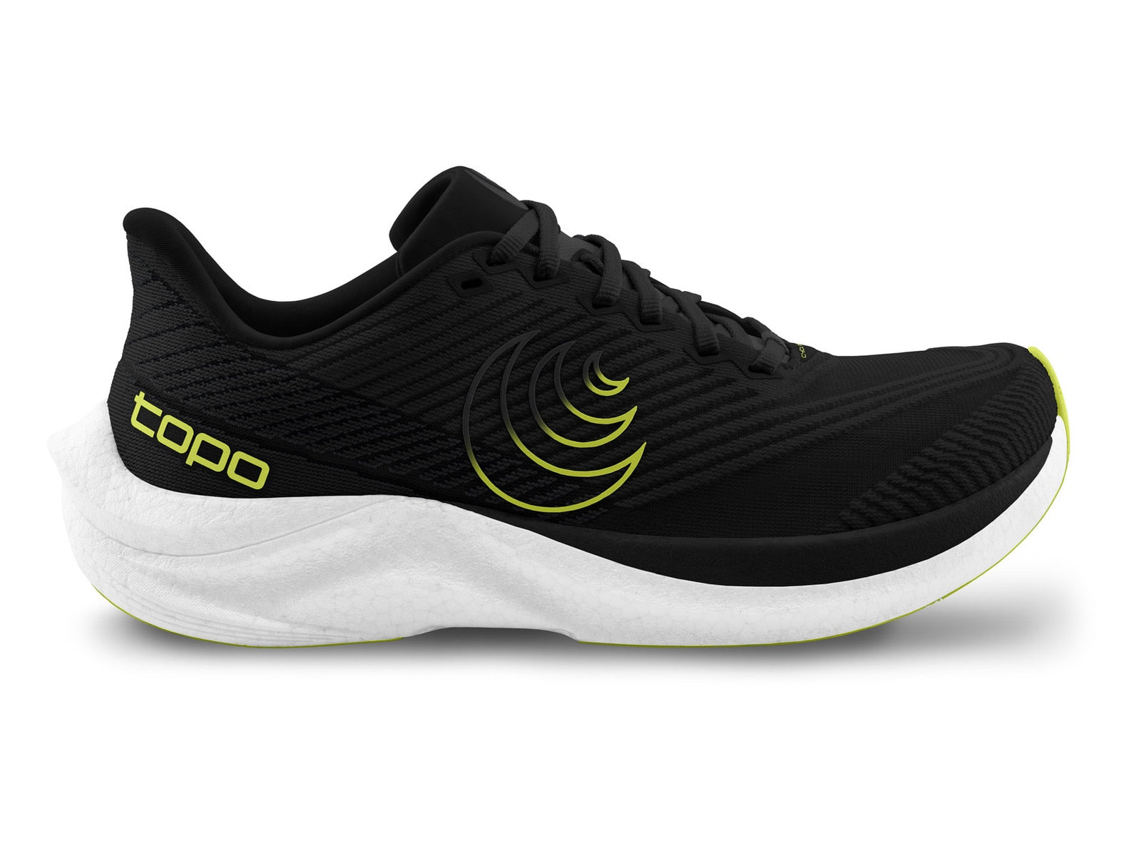 Side view on white background of Mens Topo Athletic Cyclone 3 running shoe in Black/Lime, Medium (Regular) width