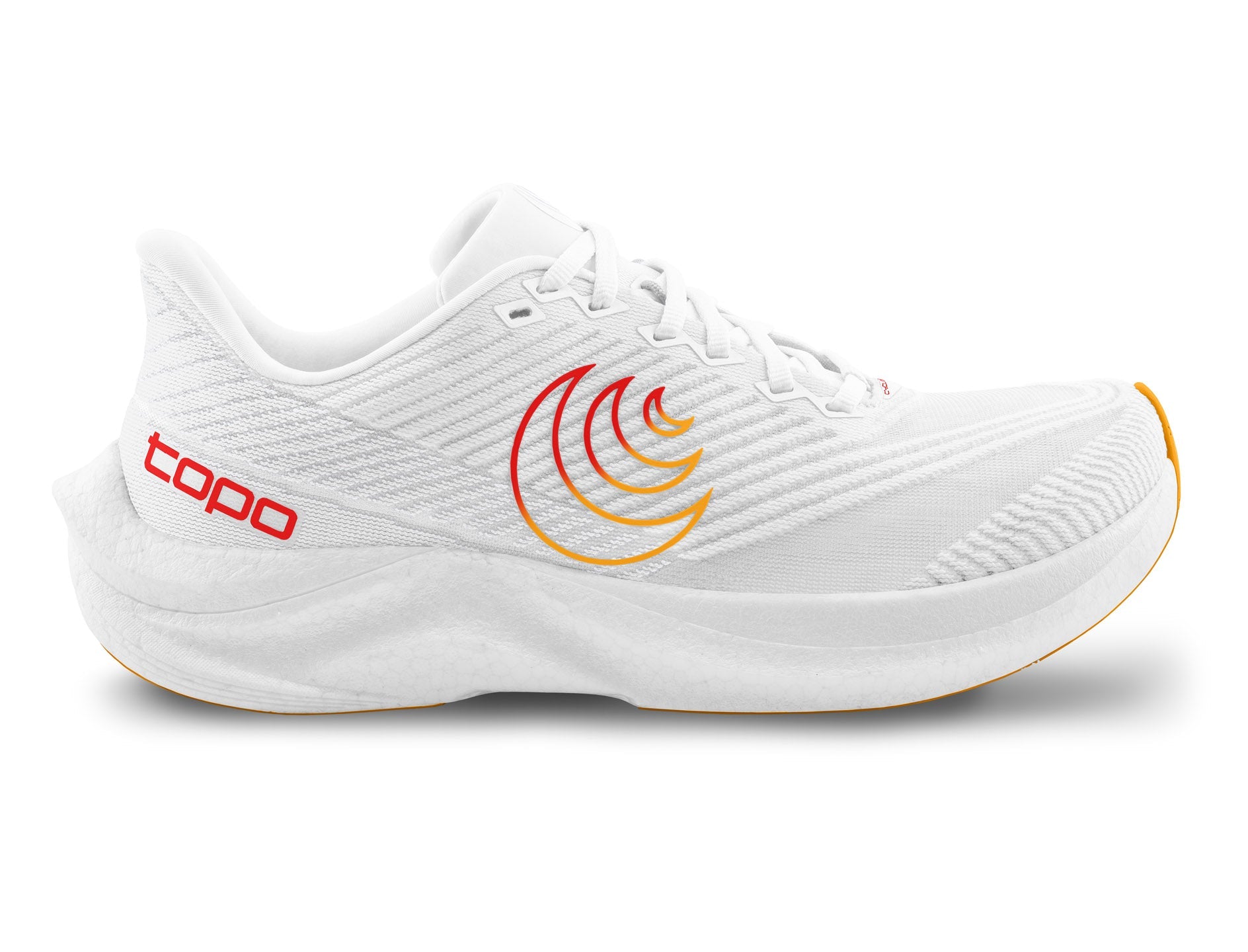 Side view on white background of Mens Topo Athletic Cyclone 3 running shoe in White/Sunset, Medium (Regular) width