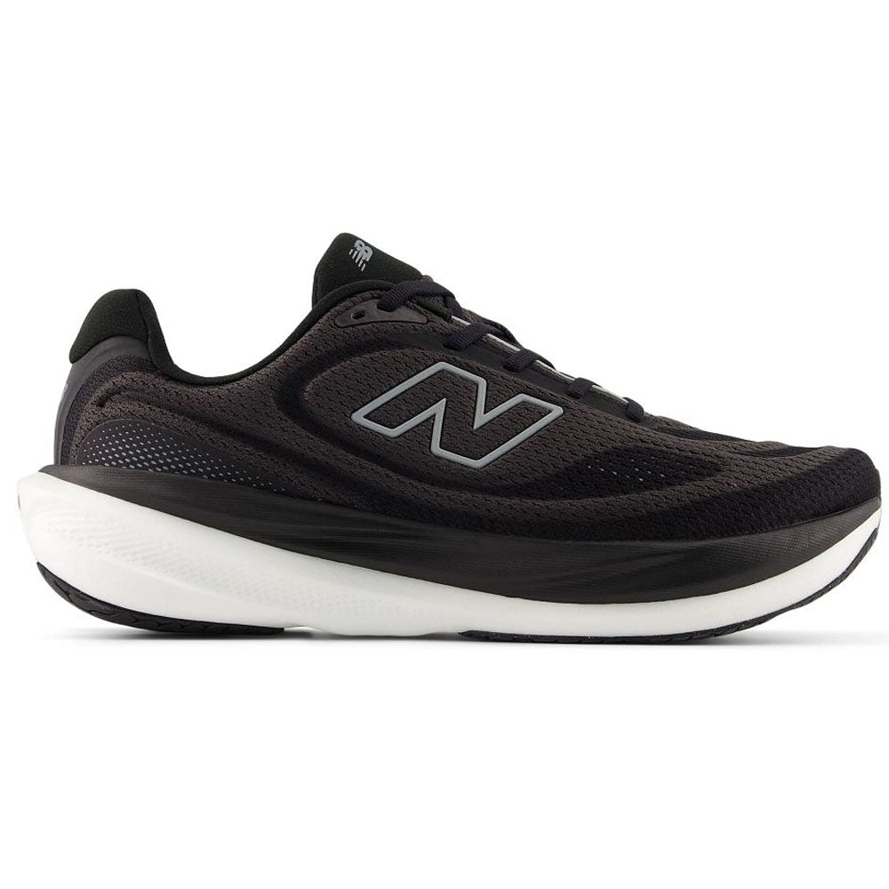 Side view on white background of Mens New Balance Fresh Foam X 1080 running shoe in Black/Slate Grey/Faded Black, Medium (Regular) width